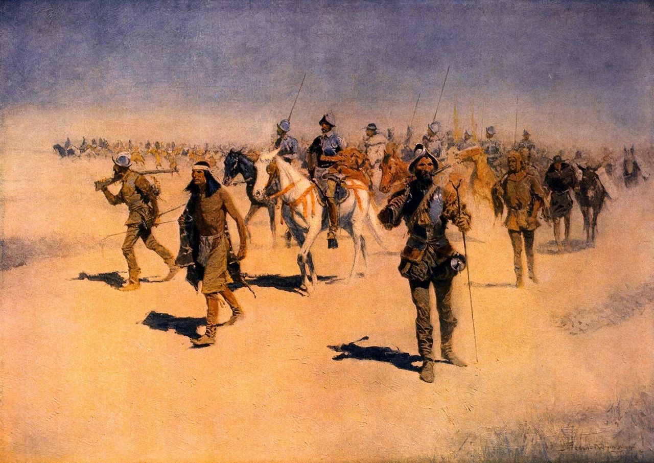 Lithograph of a painting by Frederic Remington (1905), shows Francisco Vázquez de Coronado on his quest to find the Seven Golden Cities of Cibola.